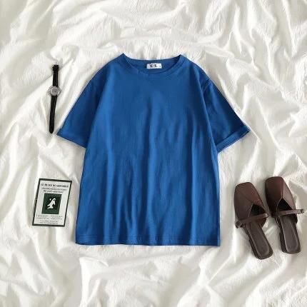 Summer Tee Shirt Solid Color Basic T-Shirt Women Casual O-neck Harajuku Top Korean Hipster Cotton Basic Tshirt