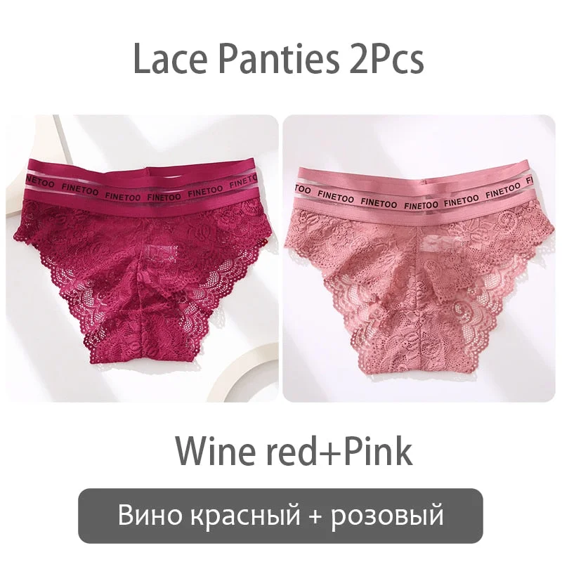 FINETOO 2Pcs Lace Panties Women Sexy Transparent Briefs Low Waist Floral Underwear Fashion Ladies Underpants L-2XL Girl Lingerie