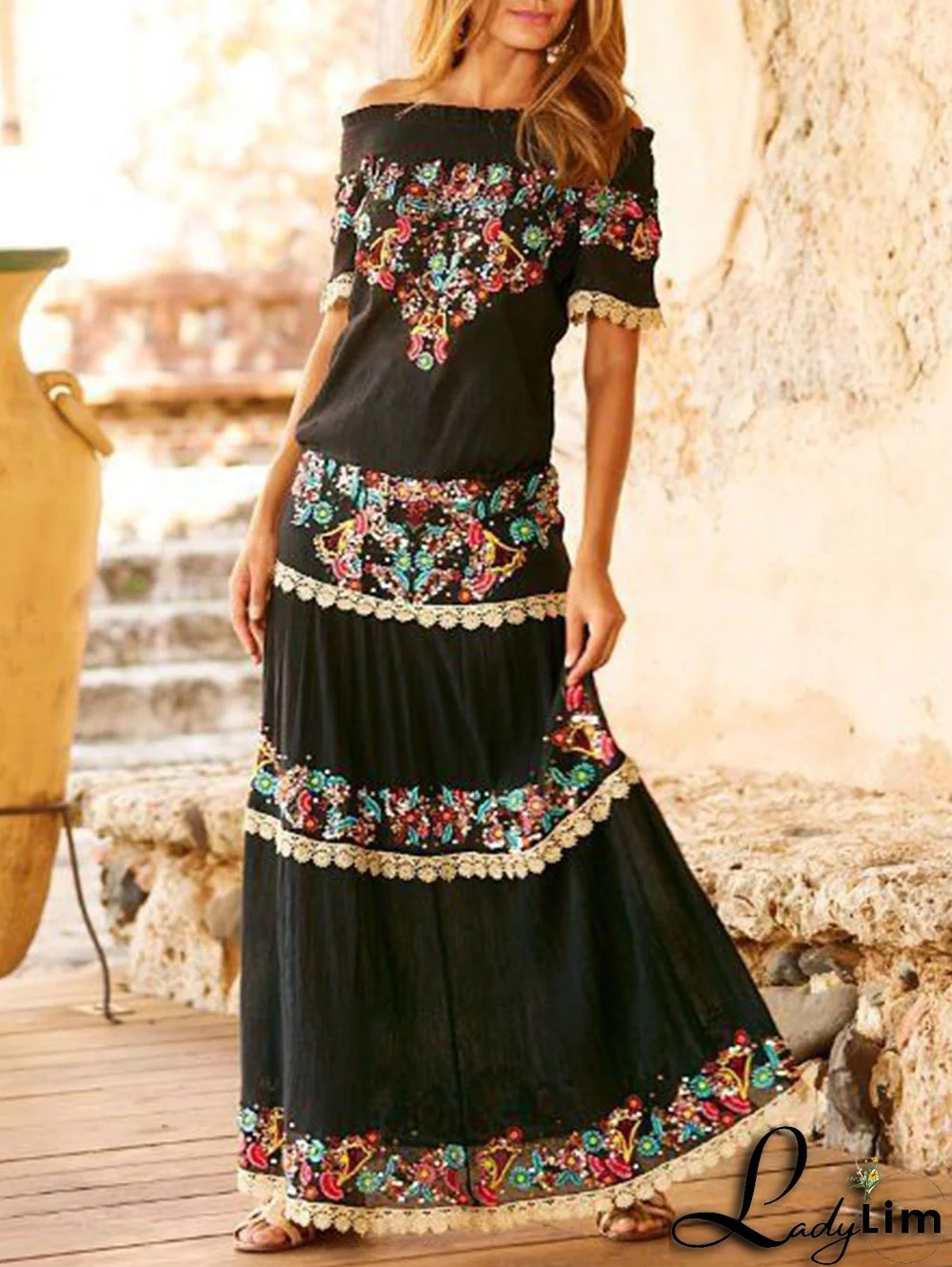 Ethnic Floral Off Shoulder Short Sleeve Lace Spliced Maxi Dress