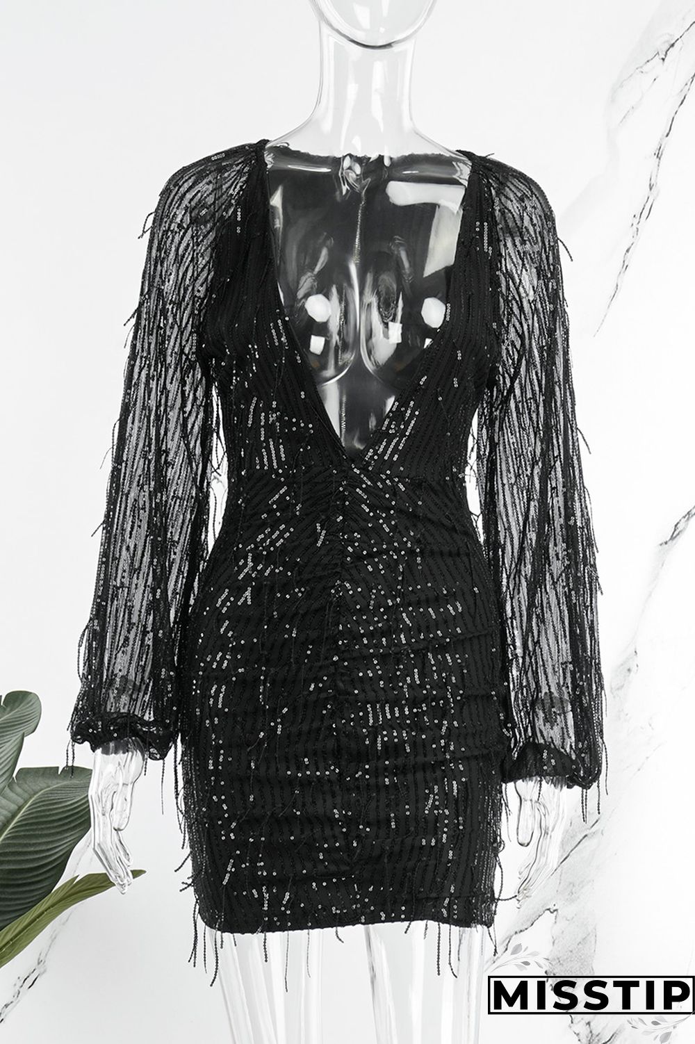 Black Casual Patchwork Tassel Sequins V Neck Long Sleeve Dresses