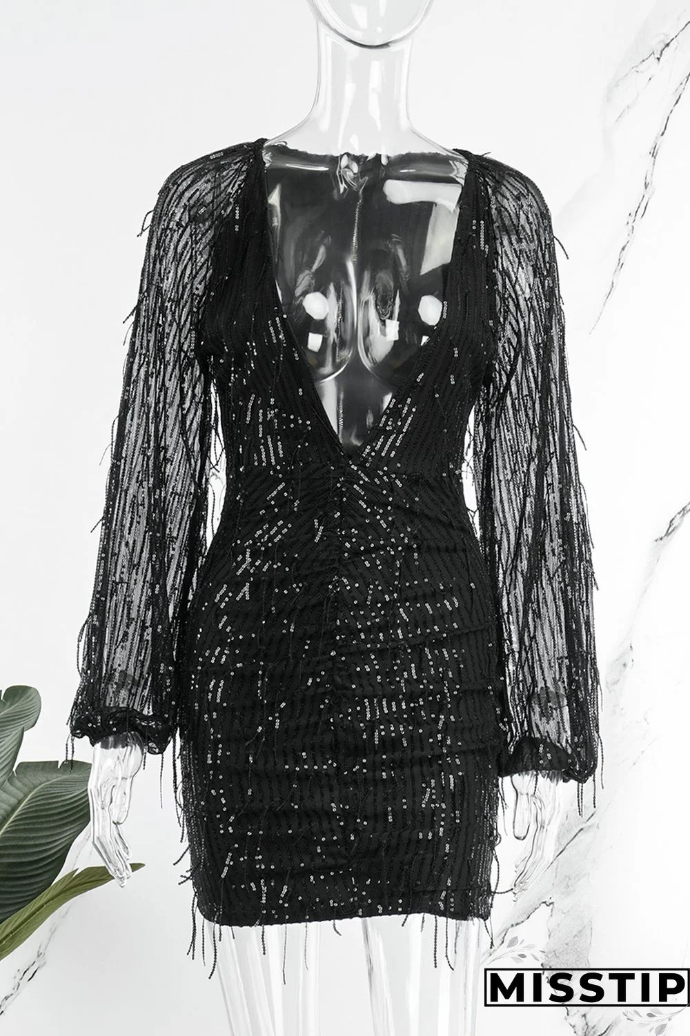Black Casual Patchwork Tassel Sequins V Neck Long Sleeve Dresses