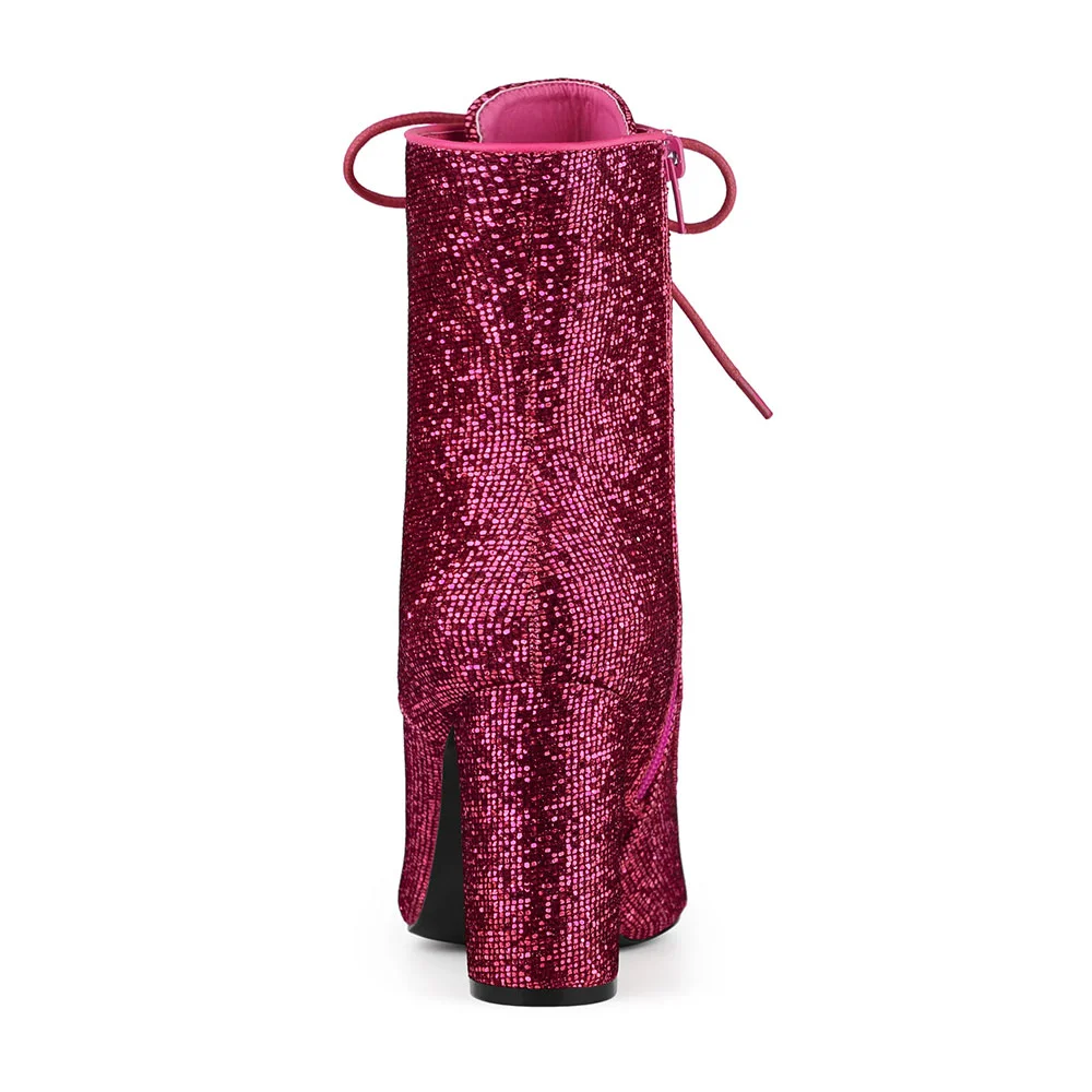 Fuchsia Glitter Chunky Heel Front Lace Up Zipper Pointed Toe Boots