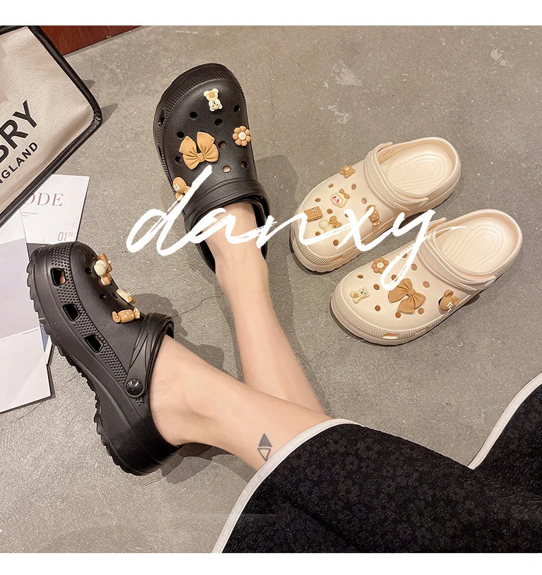 Summer Women Slippers Shoes With Charms Jewelry Garden Shoes Wedges Platform Sandals Antiskid Female Clogs Flip Flops For Woman