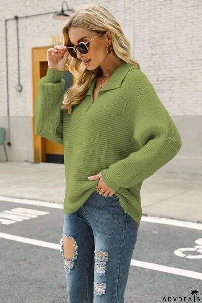 Ribbed Johnny Collar Pullover Sweater