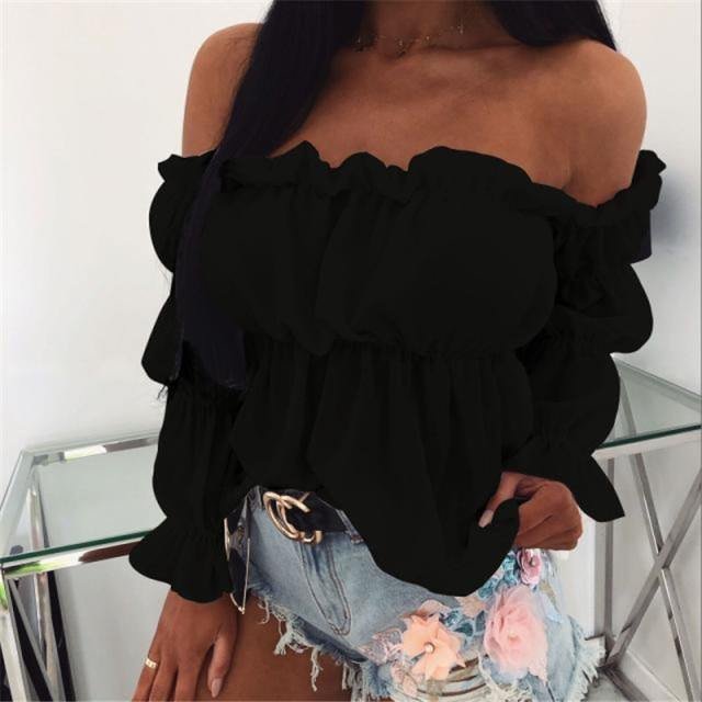 Hirigin Elegant Women Off Shoulder Chiffon Blouse Fashion Solid Color Pleated Sexy Shirt New Office Street Tops and Blouses