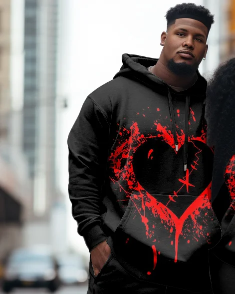 Couple Plus Size Casual Banging Heart Hoodie Set