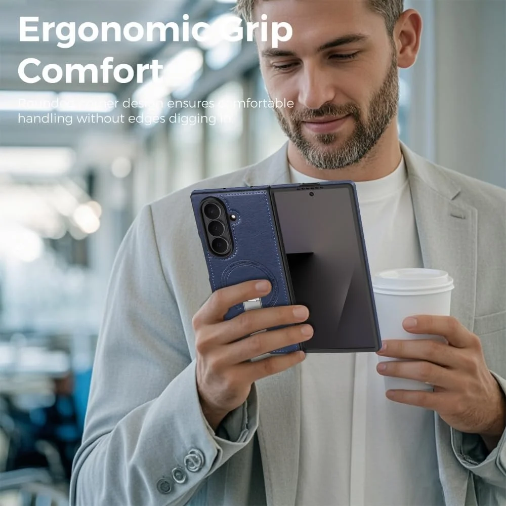 360 Rotae Kickstand Leather Case for Samsung Galaxy Z Fold 7 6 5 4 3 5G Magnetic Heavy Duty Cover, Military Shockproof Cases 