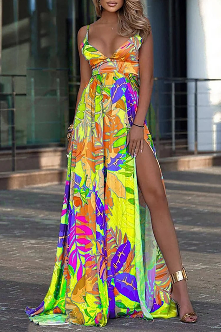 Tropical Print V Neck Side Slit Strappy Maxi Dresses-Fuchsia