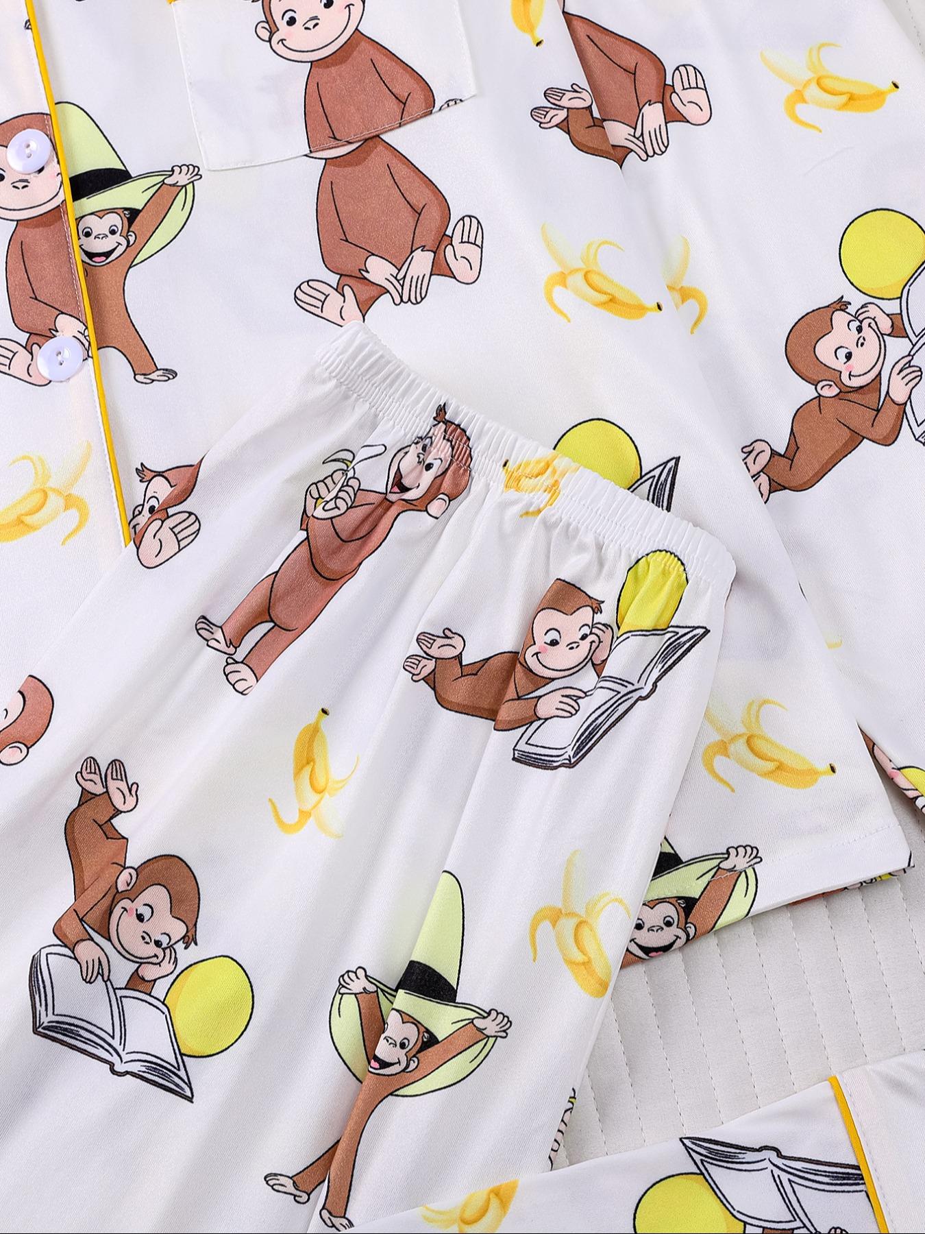 Women's Monkey Banana Print Pajama Set Pyjamas Pjs, Comfortable Fit Long Sleeve Button Shirt & Elastic Pants, Casual Everyday Home Wear Loungewear for All Seasons