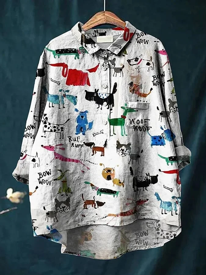 Womens Vintage Funny Dogs Printed Casual Cotton Linen Shirt
