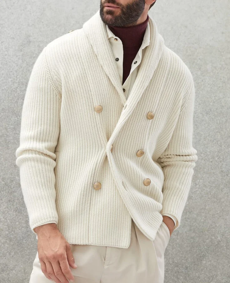 Shawl Lapel Double Breasted Solid Knitted Sweater Cardigan 