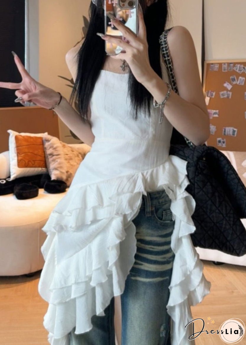 French White Ruffled Solid Cotton Spaghetti Strap Dresses Sleeveless