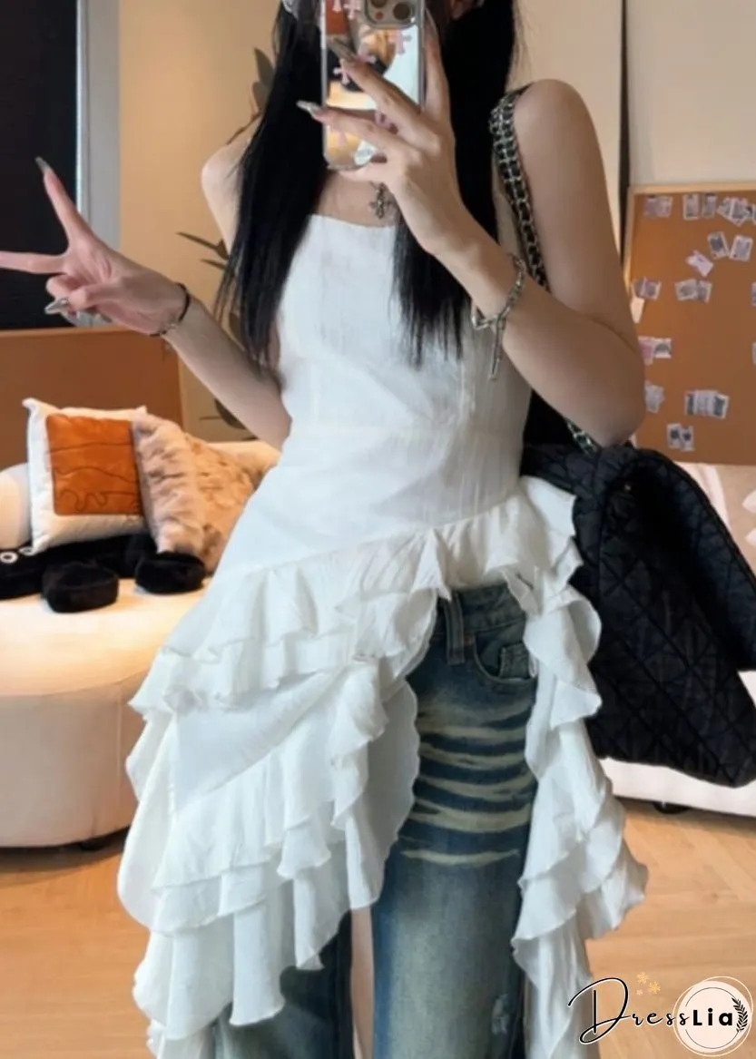 French White Ruffled Solid Cotton Spaghetti Strap Dresses Sleeveless