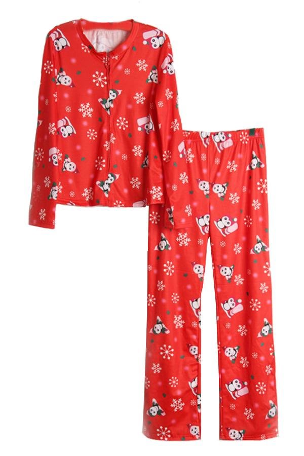 Womens Snowflake Printed Long Sleeve Family Christmas Pajama Set Red-elleschic