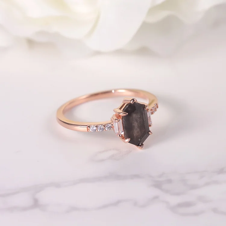 Hexagon Cut Black Crystal Herkimer Diamond Ring Engagement Ring