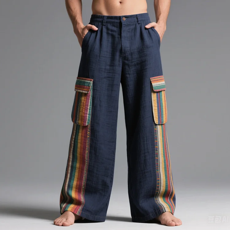 Okaywear Linen Colorful Striped Flap Pocket Wide Leg Pants Okaywear