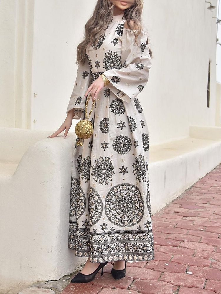 White Print Waistband Elegant Long Sleeve Dress