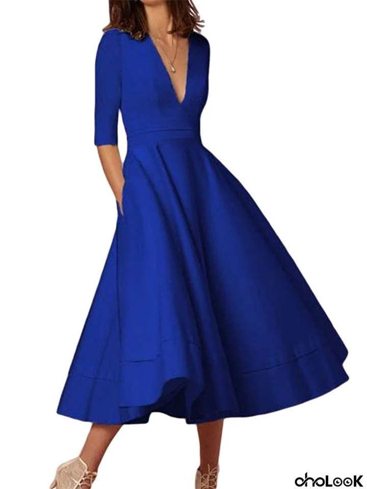 Women's Graceful Deep-V Design Half Sleeve A Line Midi Dress