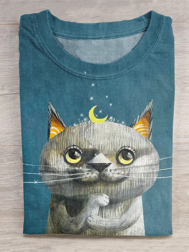 Lovely Cat Moon Art Print Casual T-shirt