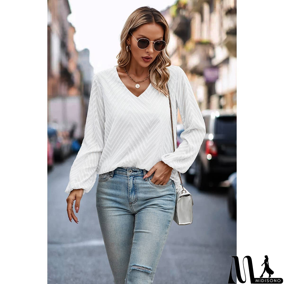 MidiSono - Chevron V Neck Long Sleeve Loose Top