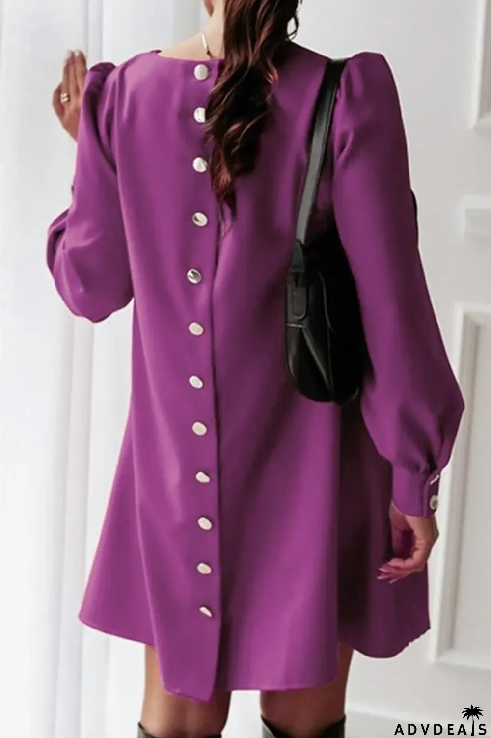 Back Button Solid Color Midi Dress