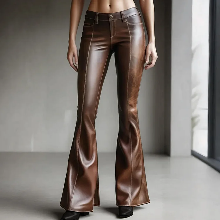 Vintage Mid Rise Flare Leg PU Leather Pants