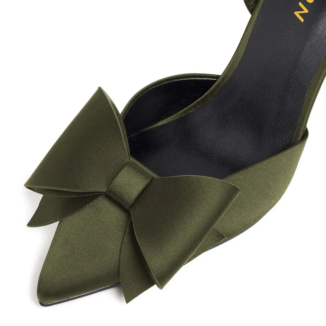Olive Flared Heel Bow Accent Pointed Toe Slingback Pumps Shoes