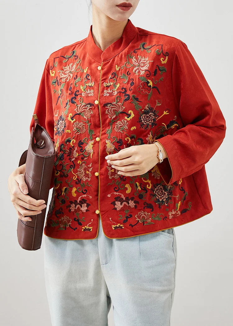 Vintage Red Mandarin Collar Embroideried Silk Shirt Top Fall