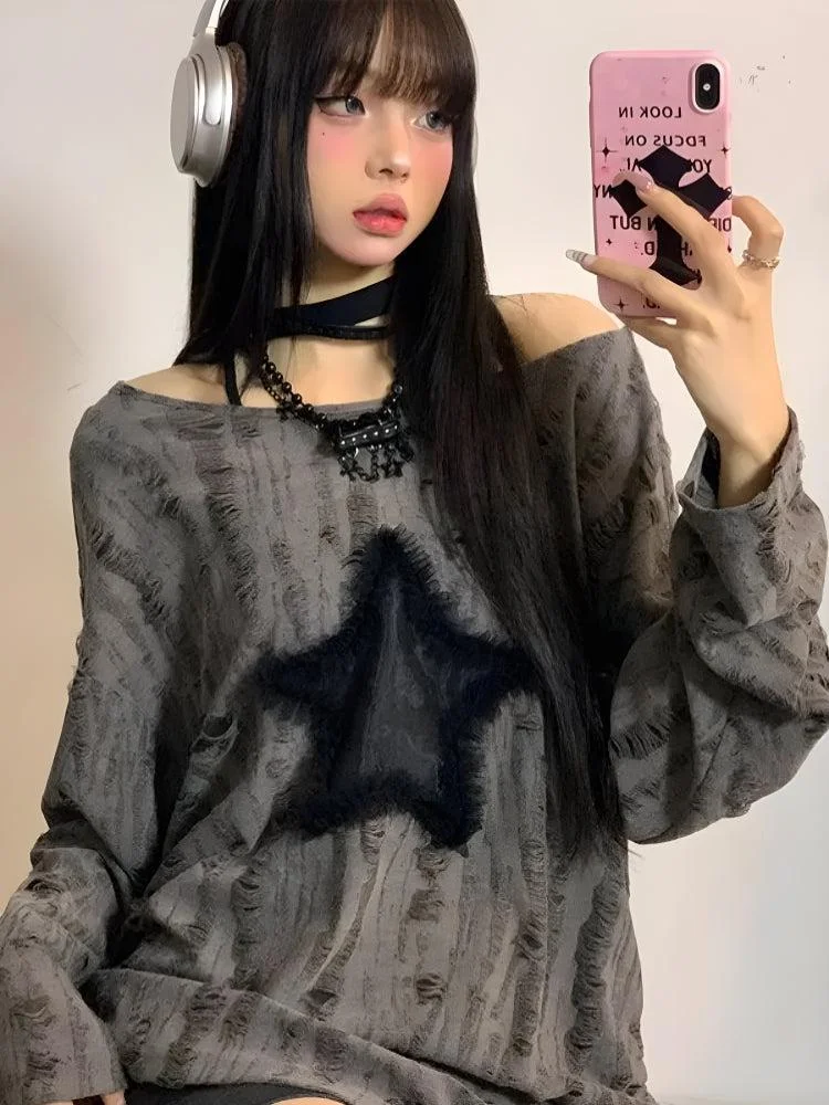 Brownm Grunge Star Distressed Sweater