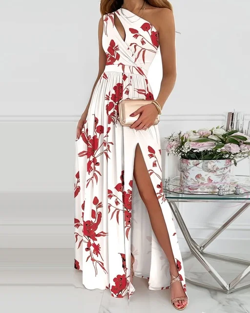 Summer Elegant One Shoulder Floral Print High Slit Cutout Maxi Party Dress Asymmetric Women Long Wedding Evening Sexy Robes