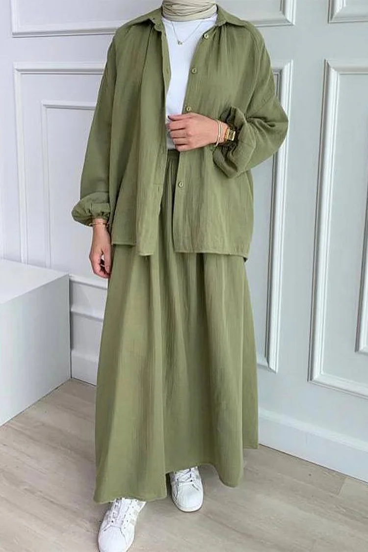 Lantern Sleeve Turndown Collar Shirt Maxi Skirt Solid Color 2pcs Set-Green