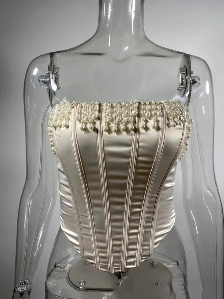 Toloer White Satin Pearl Tassel Corset Top-Outfit Ideas