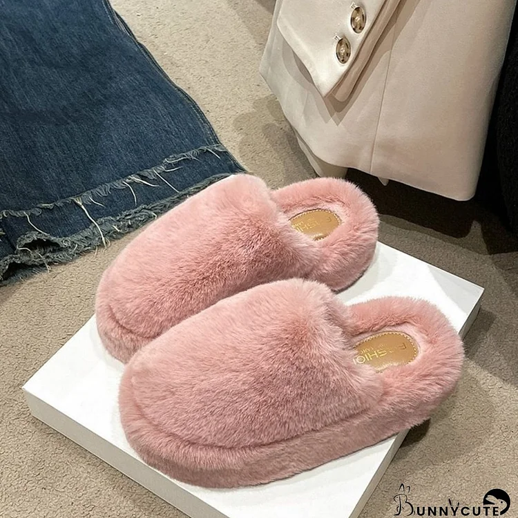 Fuzzy Round Toe Flat Slippers