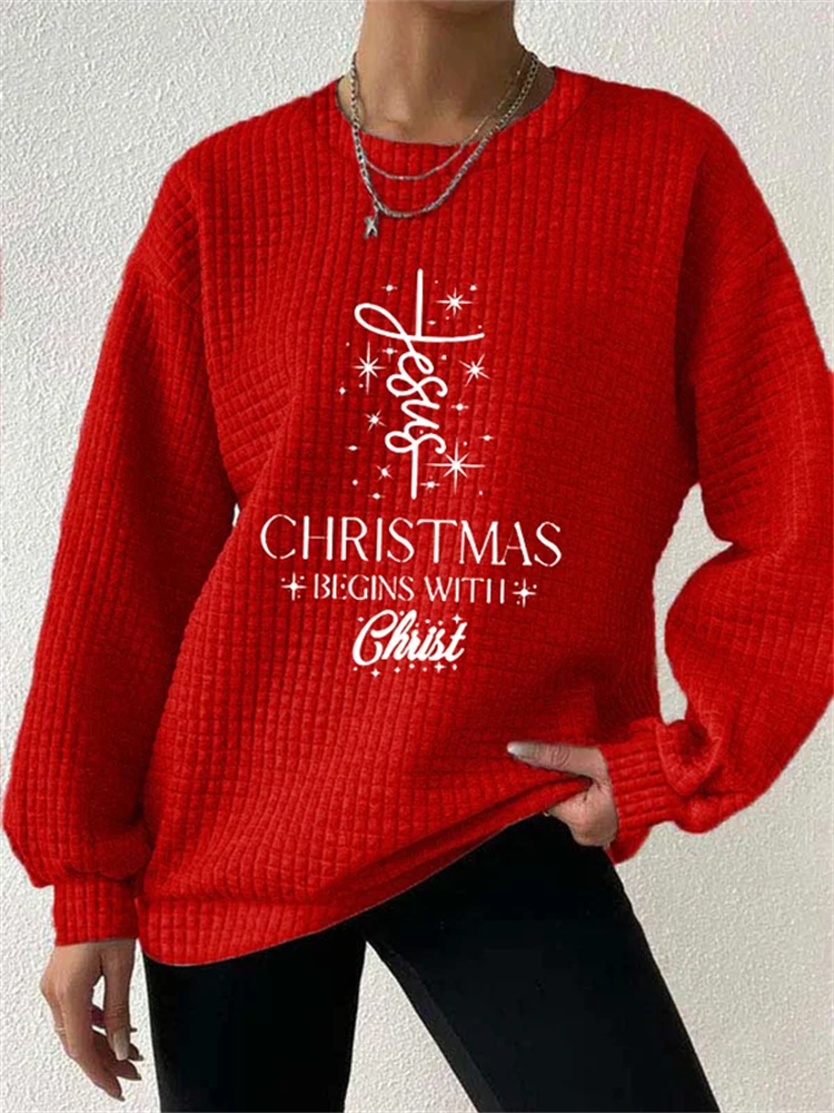 VChics Women's Christmas Begins With Jesus Printed Waffle Sweatshirt
