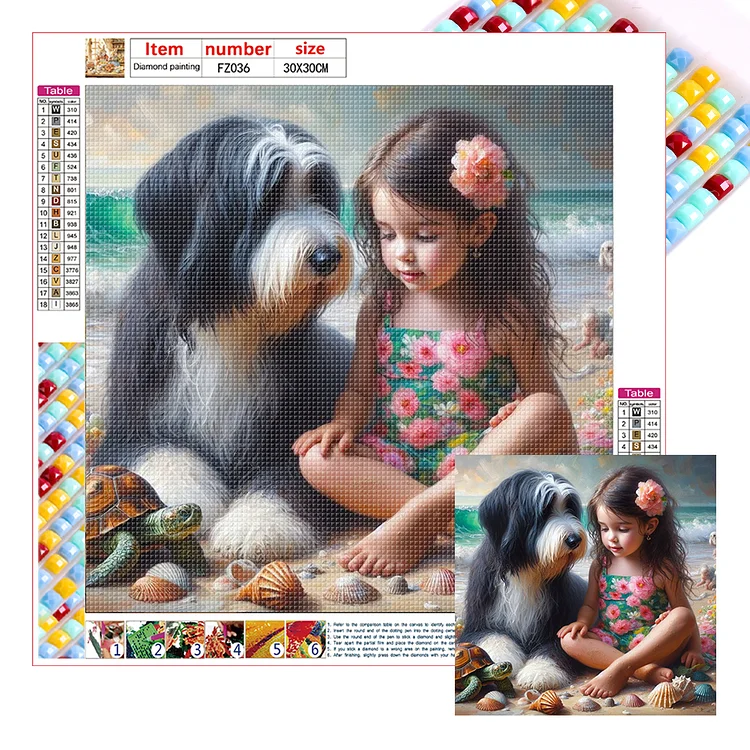 Full Square Diamond Painting - Big Eyes Girl And Dog On The Beach 30*30CM