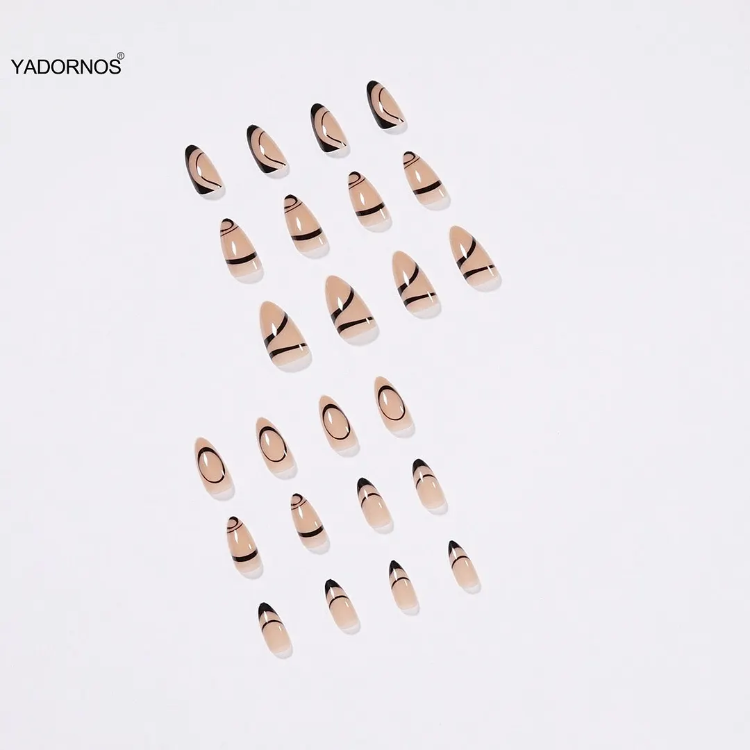 24PCS Black Lines Nail Patch Sweet Style Removable Long Paragraph Manicure Save Time Glue Type False Nail Patch TY-Nail Inspo