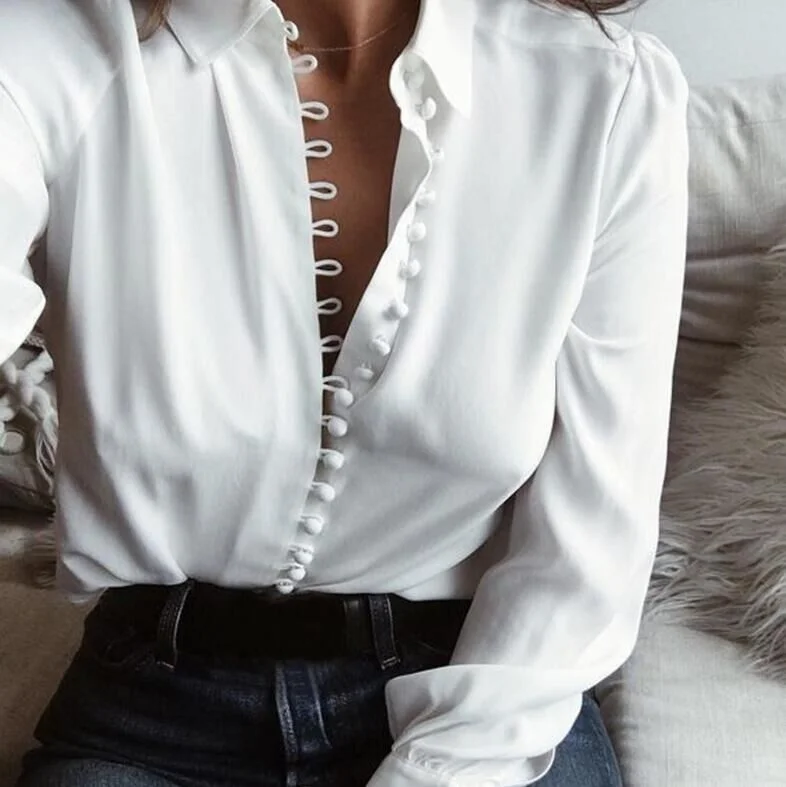 Brownm Irregular Solid Color V-neck Sexy Breasted Blouses