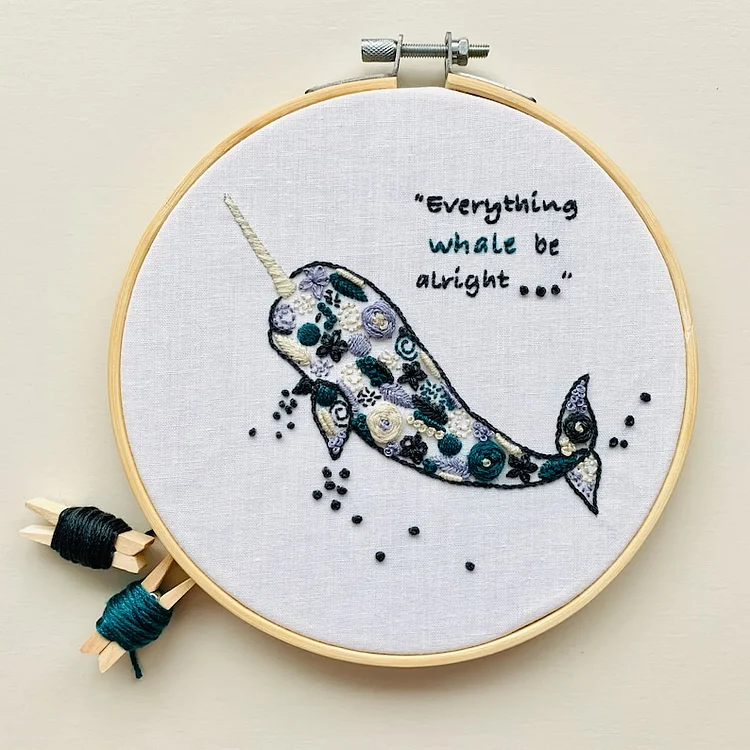 Narwhal Embroidery Hoop kit with Instructions