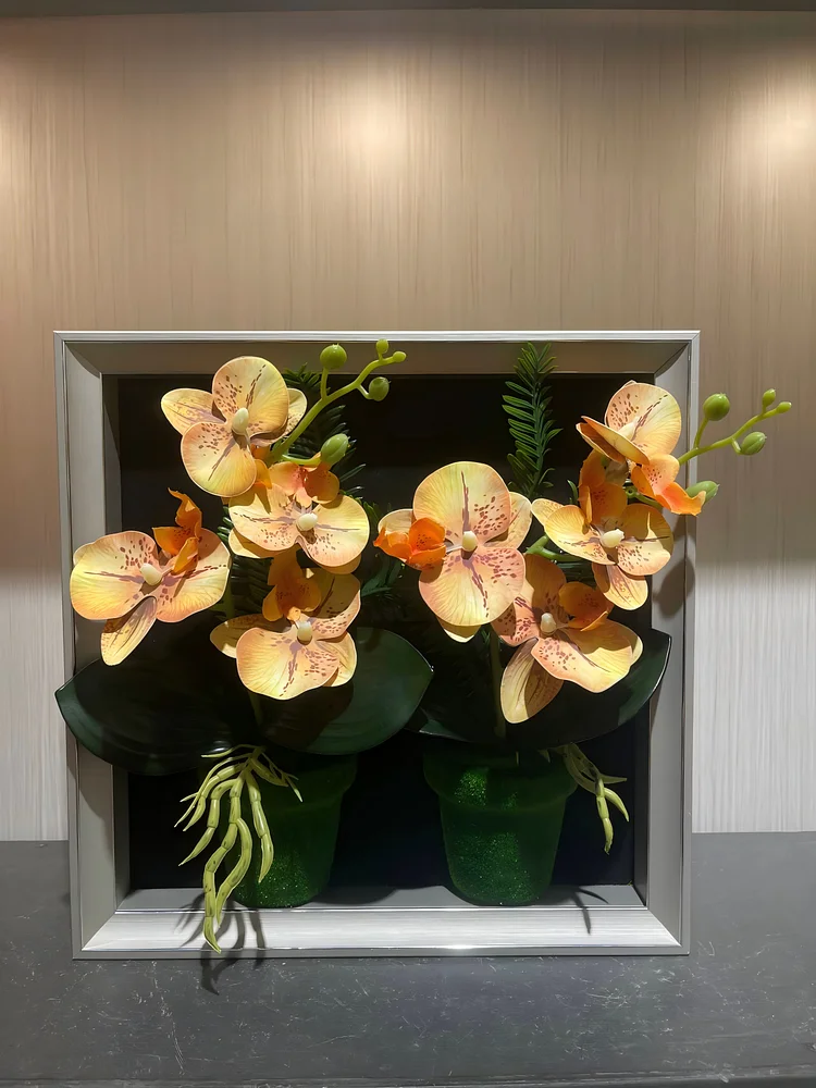 Yellow Phalaenopsis Realistic Framed Flower Art (9.0*17.7 in) - 3D Artificial Flower Decoration for Living Room & Entryway
