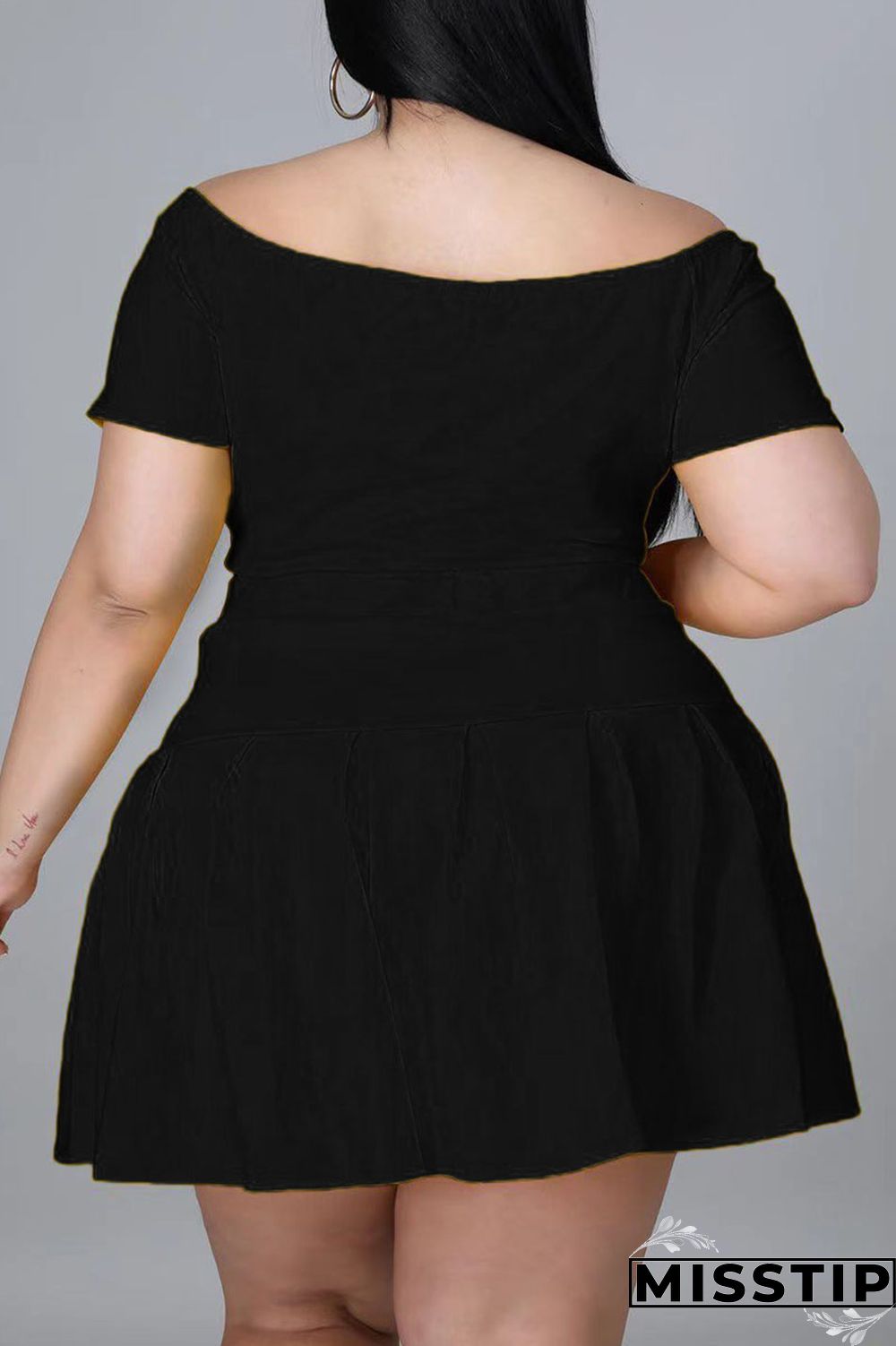 Black Casual Solid Patchwork Off the Shoulder A Line Plus Size Two Pieces