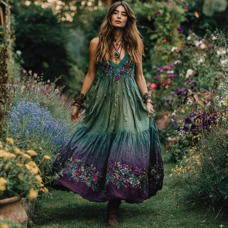 Vintage Purple Flowers Embroidered Gradient Linen Maxi Dress