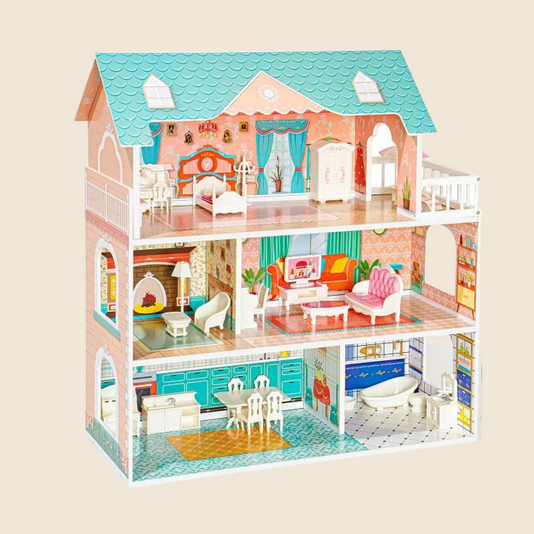 ROBUD Wooden Dollhouse for Kids Girls, with Furniture WDH01