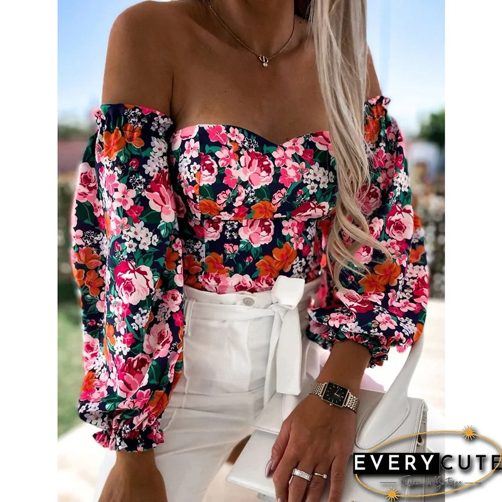 Black Floral Print Off Shoulder Puff Sleeves Tops