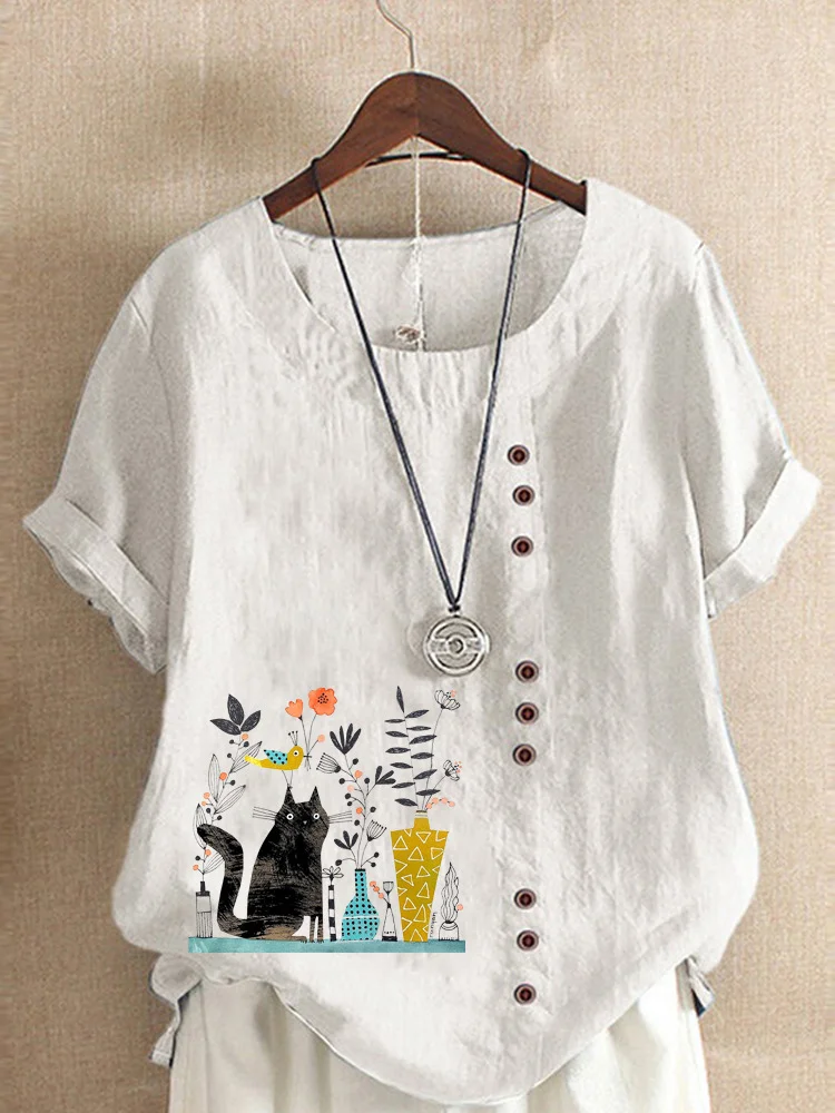 Lovely Black Cat Print Button Accent Tunic