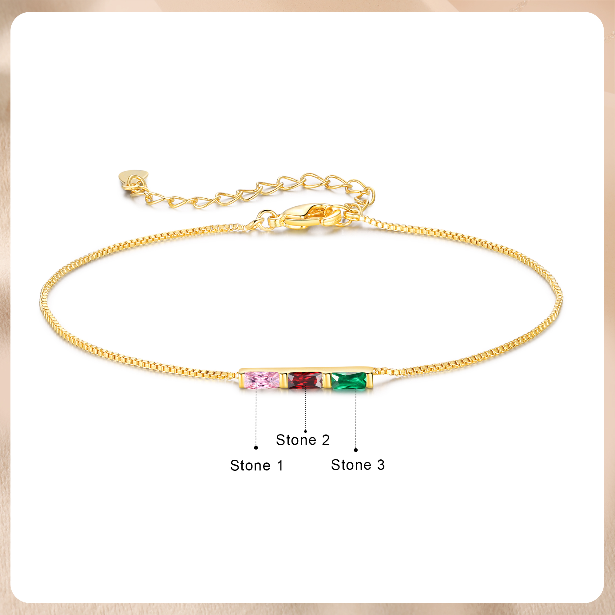 Custom 3 Birthstones Bracelet Gold Adjustable Bracelet Personalised Birthday Gift for Her-Jessemade AU