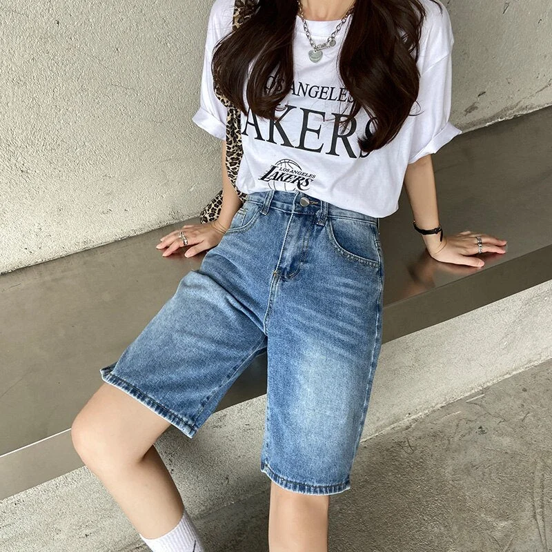 Ailegogo New Spring Summer Women Wide Leg Retro Blue Denim Shorts Streetwear Female Loose Straight Vintage Jeans Shorts