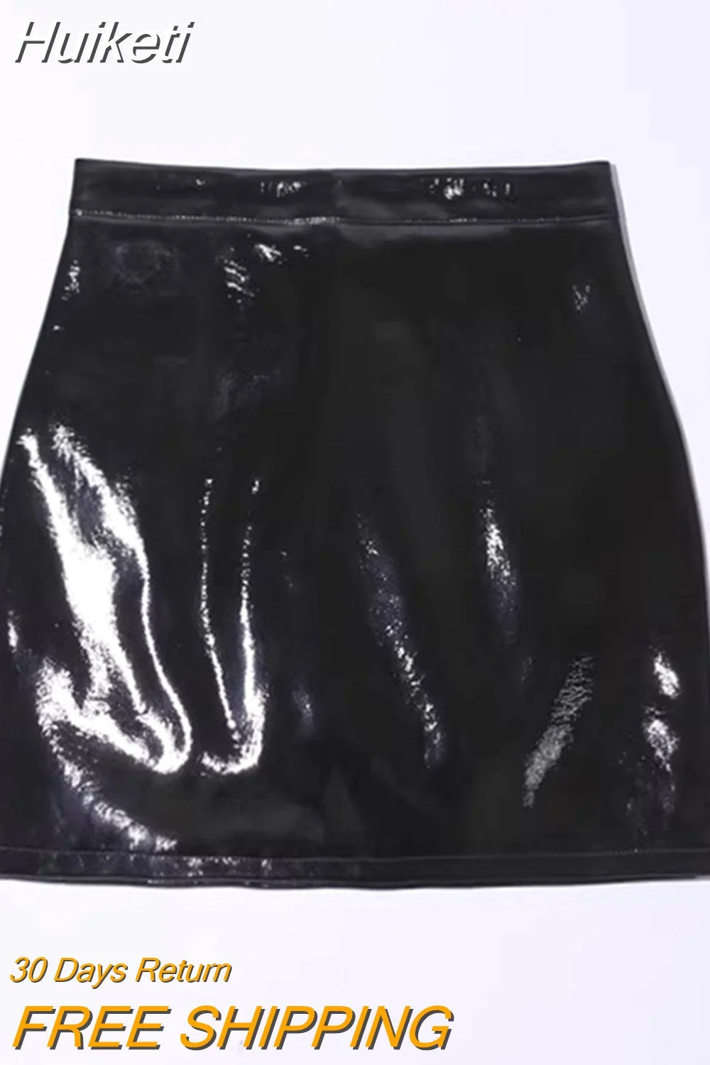 Huiketi Spring Summer Black Short Sexy Gold Shiny Reflective Patent Faux Leather Mini Skirt Women High Waist Y2k Streetwear 2023