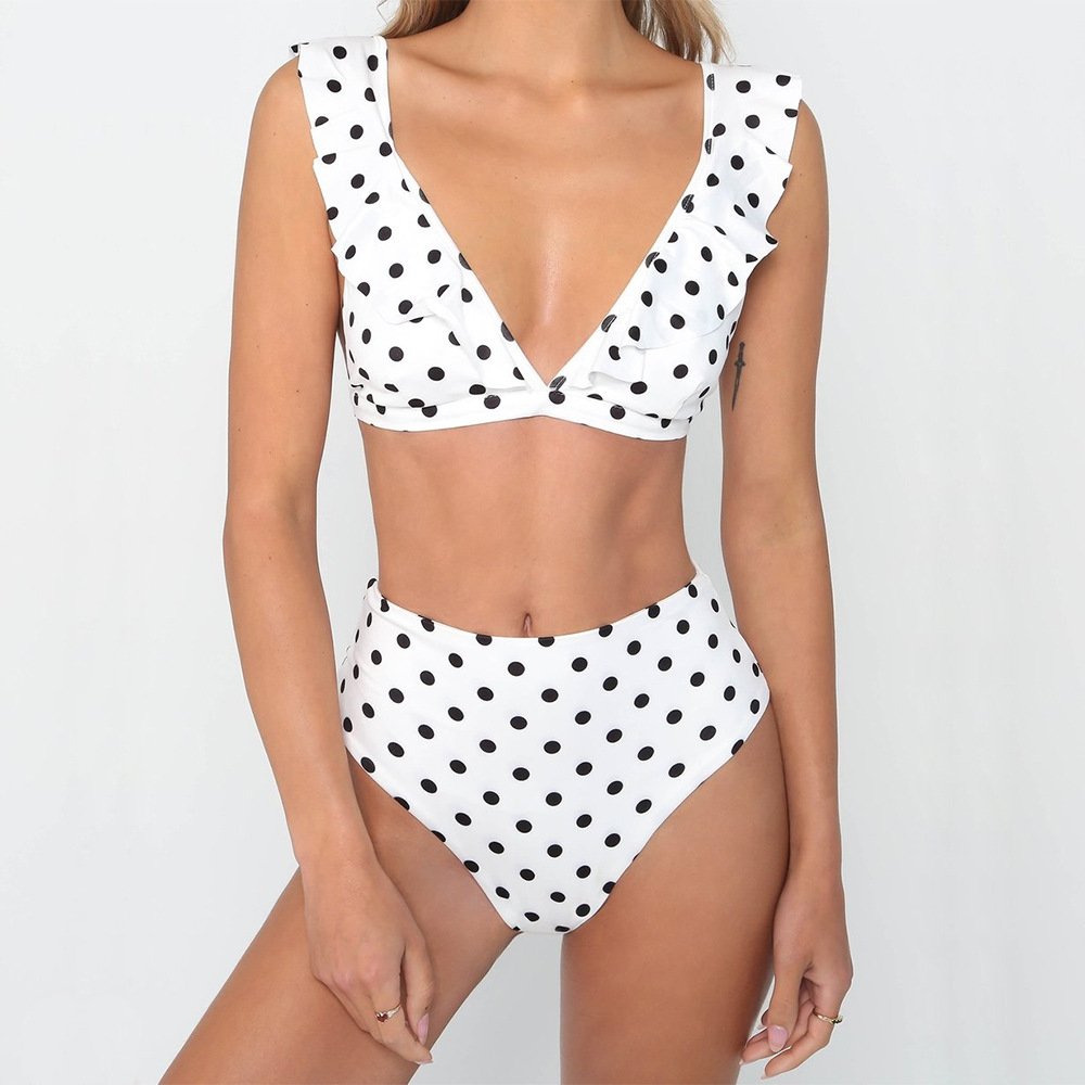 Mature Women Polka Dot Print Swimsuit Deep V-neck Bikini Set Summer Beach