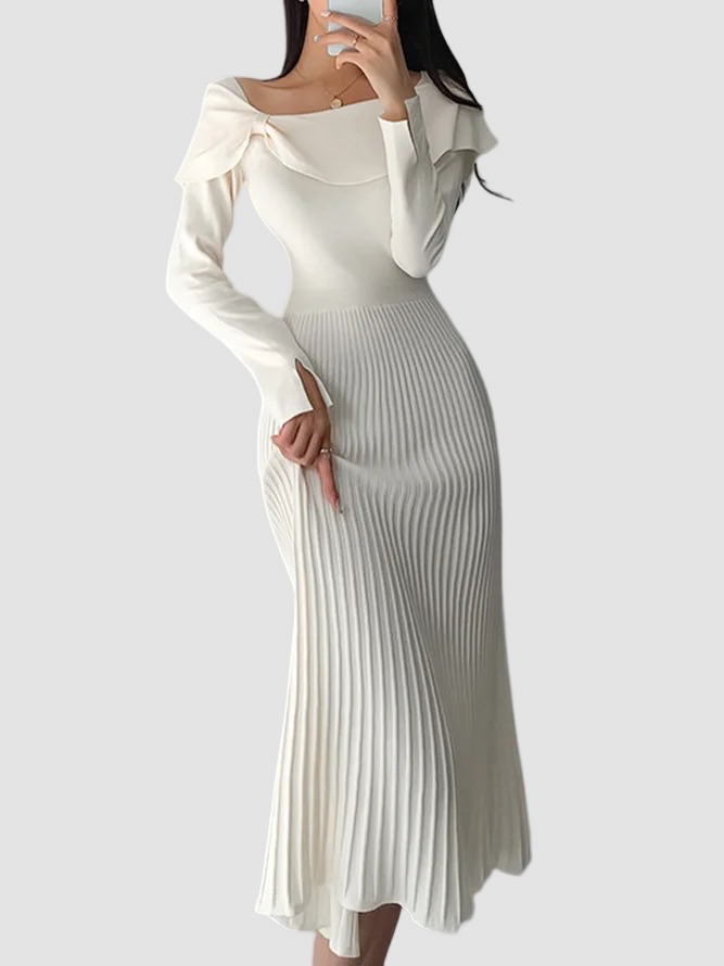 Elegant Acrylic Plain Long Sleeve Midi Dress