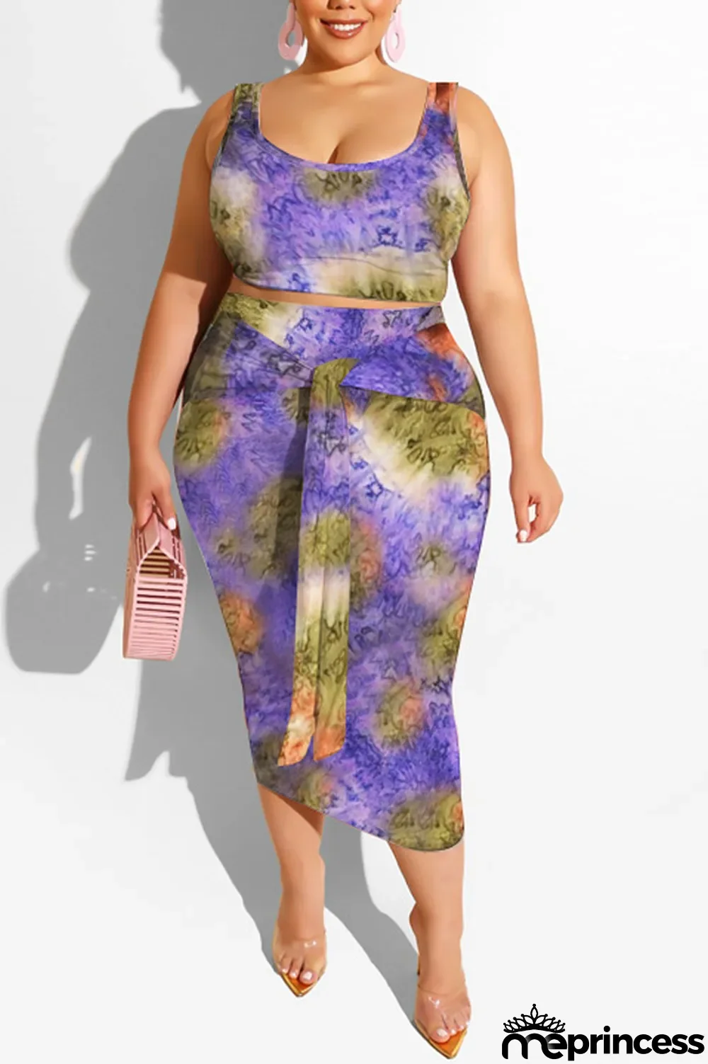 purple Polyester Sexy Slip Print Belt Tie Dye Plus Size